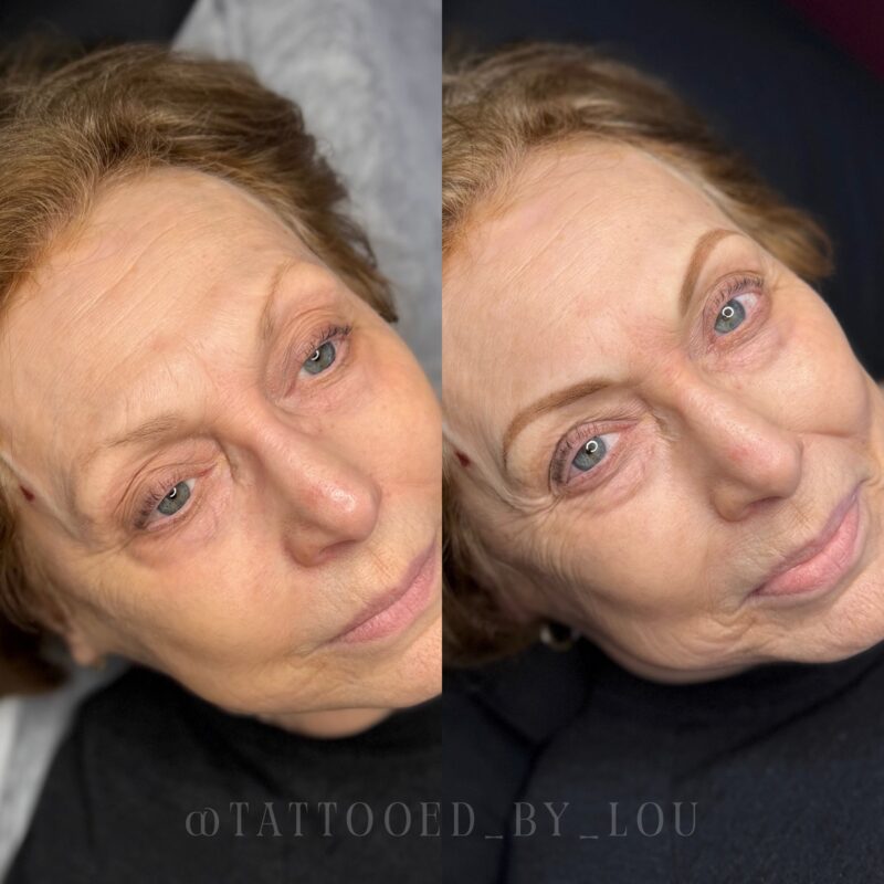 Side-by-side before and after of permanent makeup brows by Lindsey on an older client — thin, faded brows on the left, softly filled natural brows on the right.