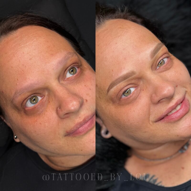 Side-by-side before and after of permanent makeup brows by Lindsey — sparse brows on the left, full natural-looking brows on the right.