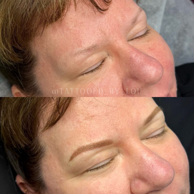 Stacked before and after of permanent makeup brows by Lindsey — faint brows above, defined soft brows below.